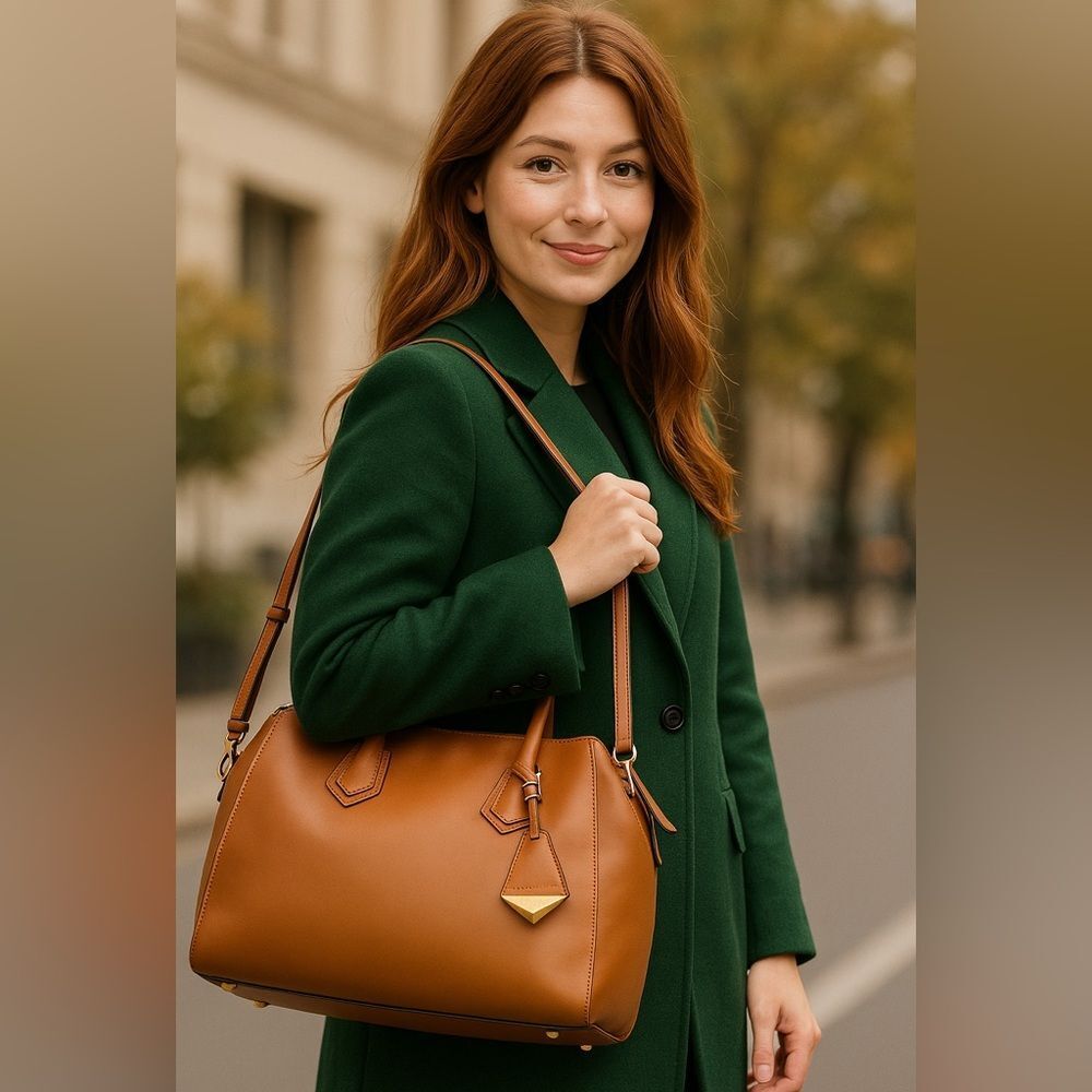 Rebecca Minkoff Cognac Leather Satchel Gold Hardware Classic Chic everyday Bag